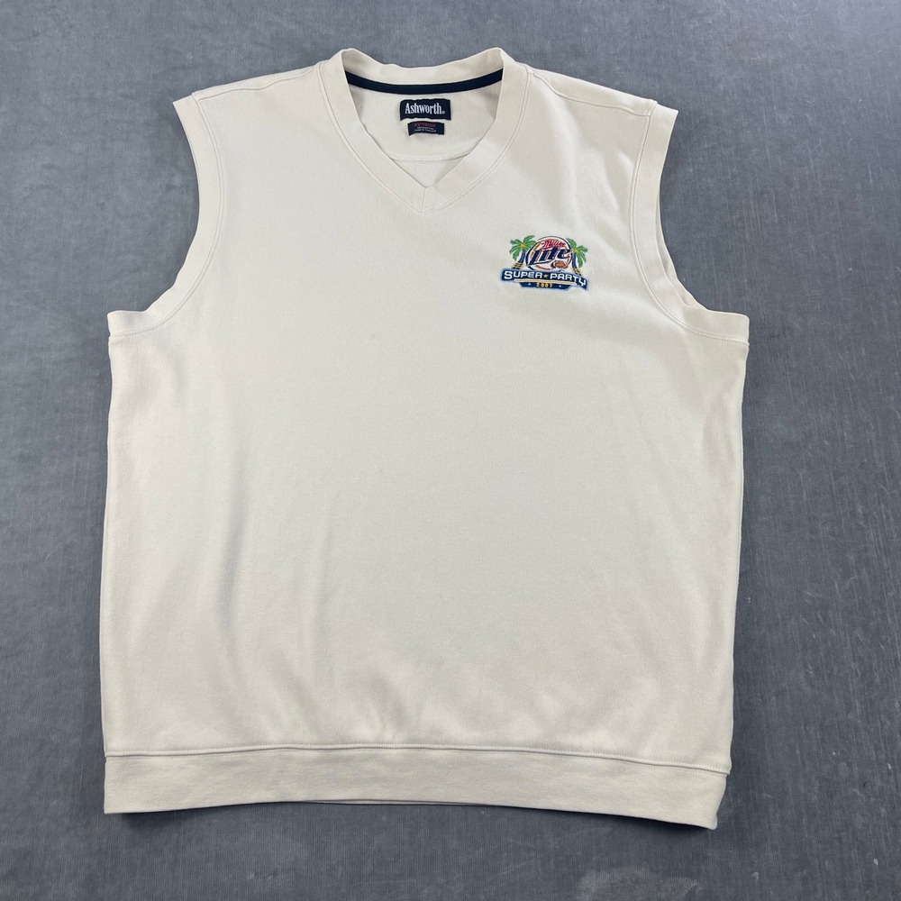 Ashworth Mens XL Cream Sweater Vest Miller Lite Super Party 2007 Logo